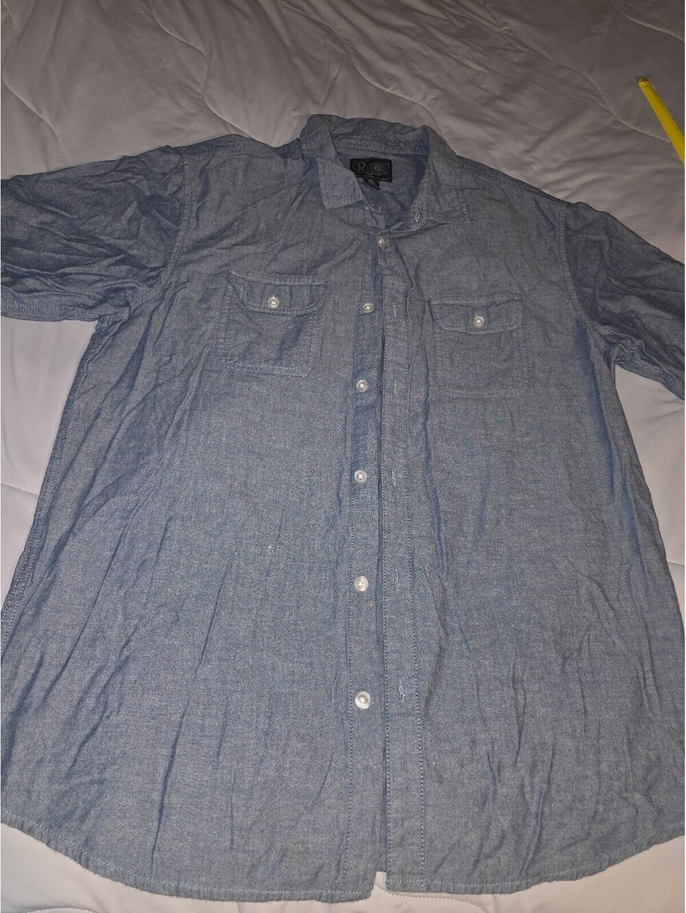 Short Sleeve Denim Blue Wing Tip Collar Full Button Up Shirt Size L